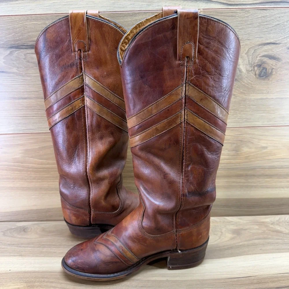 Miss Capezio Vintage Tall Western Boots 6 M Whiskey Cognac Chevron Boho Festival
